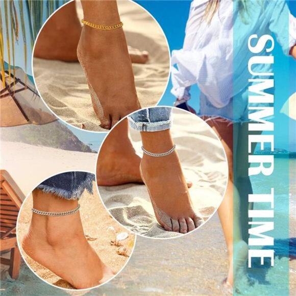 Resizable Anklet Chain for Women Men,Figaro/Wheat/Twist Rope/Cuban Foot Bracelet - Picture 3 of 7